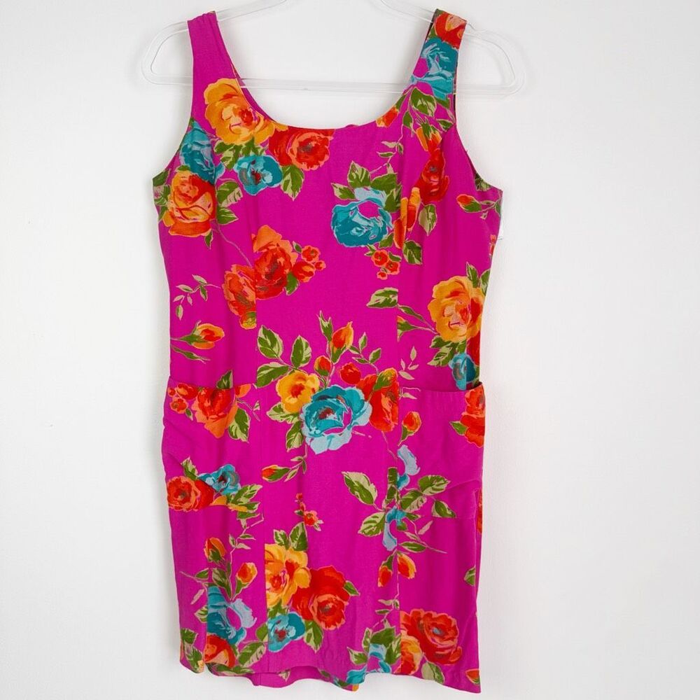 Vintage 90s Y2K Pink Floral Sheath Tank Mini Dress Size 6 Bright Colorful Moda - Picture 2 of 7